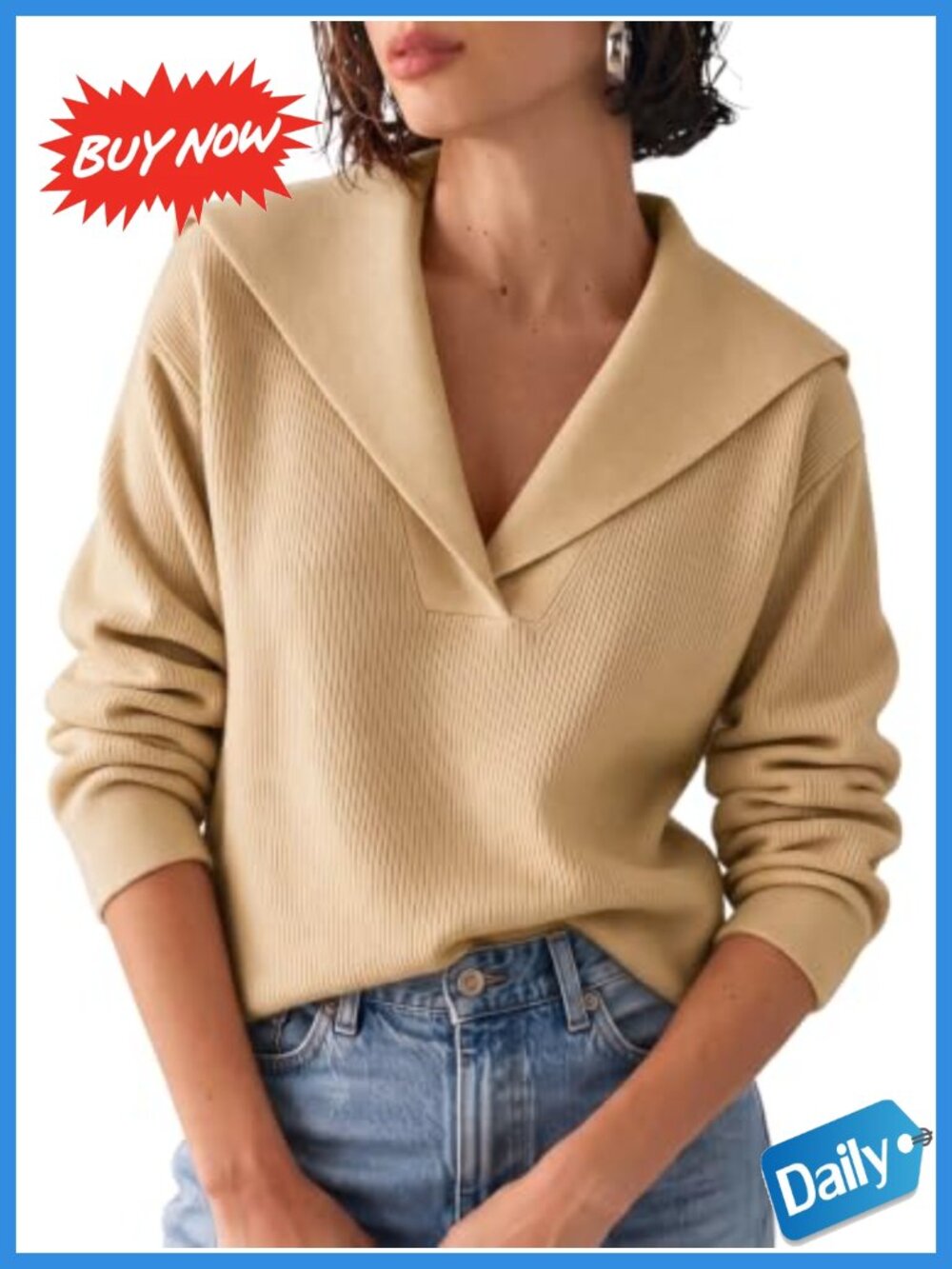 Womens Ribbed Knit V-Neck Lapel Collar Pullover Sweater Long Sleeve